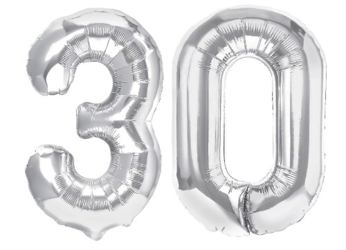 Zestaw balonów 30 urodziny srebrne urodzinowe NAPIS cyfry 70cm konfetti