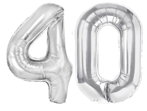 Zestaw balonów 40 urodziny srebrne urodzinowe NAPIS cyfry 70cm konfetti