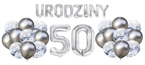 Zestaw balonów na 50 Urodziny srebrne balony Napis
