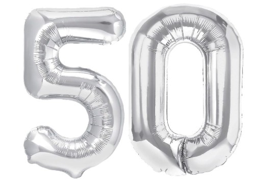 Zestaw balonów 50 urodziny srebrne urodzinowe NAPIS cyfry 70cm konfetti