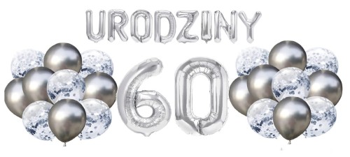 Zestaw balonów na 60 Urodziny srebrne balony Napis