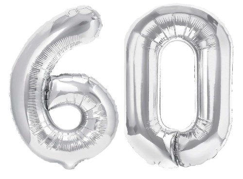 Zestaw balonów 60 urodziny srebrne urodzinowe NAPIS cyfry 70cm konfetti