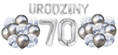 Zestaw balonów na 70 Urodziny srebrne balony Napis