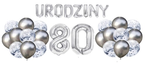Zestaw balonów na 80 Urodziny srebrne balony Napis