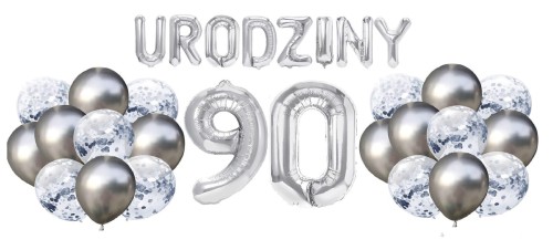 Zestaw balonów na 90 Urodziny srebrne balony Napis