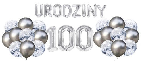 Zestaw balonów na 100 Urodziny srebrne balony Napis