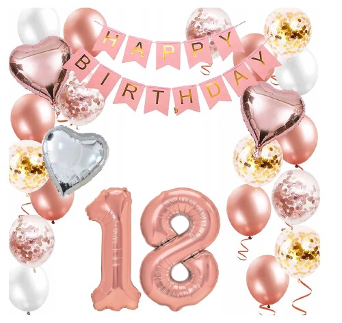 Zestaw balonów Różowe złoto Rose gold cyfry 18 Urodziny Balony Hel