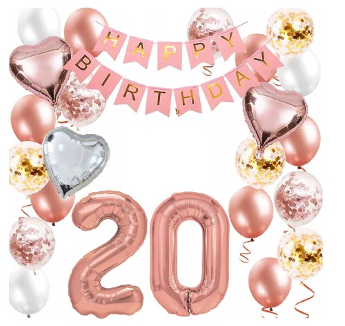 Zestaw balonów Różowe złoto Rose gold cyfry 20 Urodziny Balony Hel