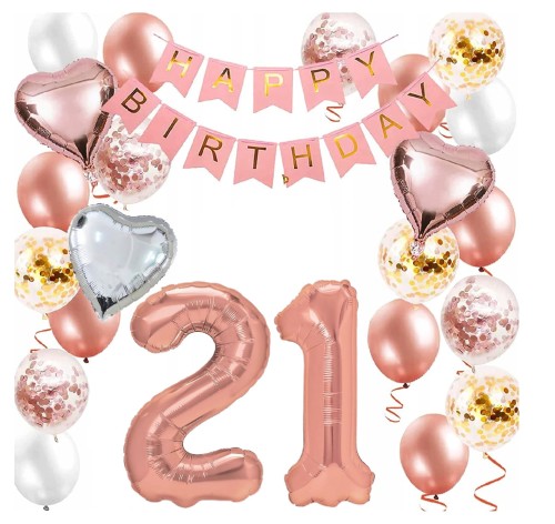 Zestaw balonów Różowe złoto Rose gold cyfry 21 Urodziny Balony Hel