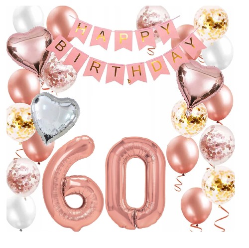 Zestaw balonów Różowe złoto Rose gold cyfry 60 Urodziny Balony Hel