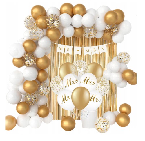 Zestaw dekoracji na Ślub Wesele Para Młoda Mrs Mr Baner Balony biało złote