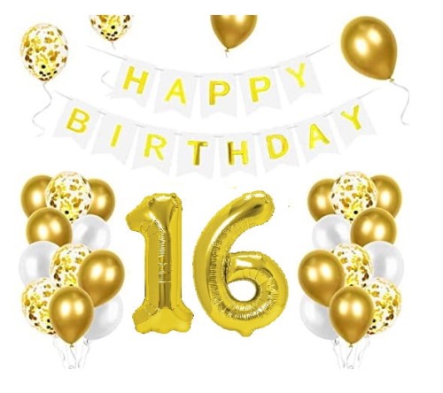 Zestaw balonów na 16 Urodziny cyfry złote baner Happy Birthday