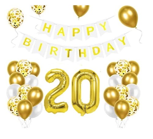 Zestaw balonów na 20 Urodziny cyfry złote baner Happy Birthday