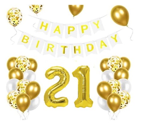 Zestaw balonów na 21 Urodziny cyfry złote baner Happy Birthday