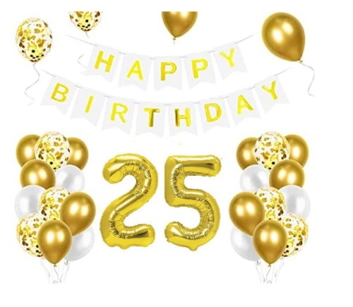 Zestaw balonów na 25 Urodziny cyfry złote baner Happy Birthday
