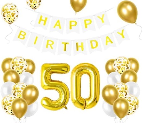 Zestaw balonów na 50 Urodziny cyfry złote baner Happy Birthday