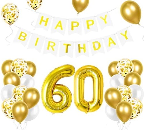 Zestaw balonów na 60 Urodziny cyfry złote baner Happy Birthday