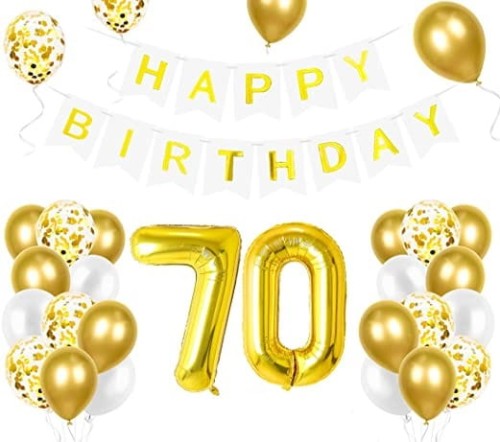 Zestaw balonów na 70 Urodziny cyfry złote baner Happy Birthday