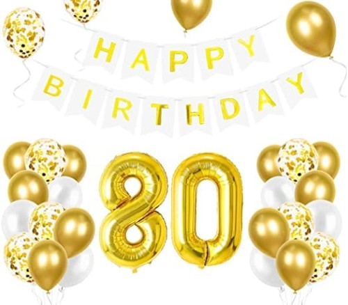 Zestaw balonów na 80 Urodziny cyfry złote baner Happy Birthday