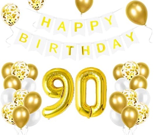 Zestaw balonów na 90 Urodziny cyfry złote baner Happy Birthday