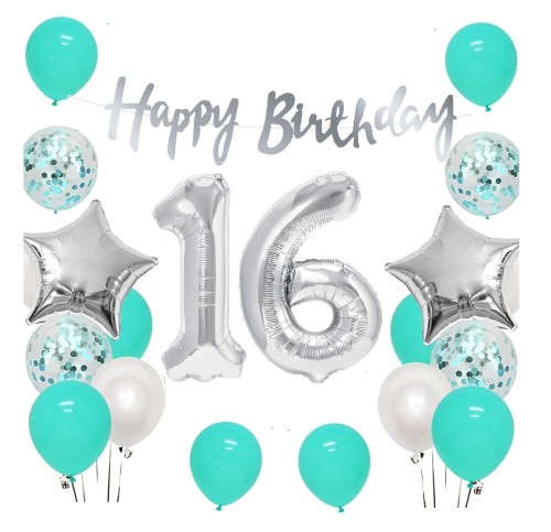 Zestaw balonów na 16 urodziny Baner Happy Birthday srebrny Cyfry