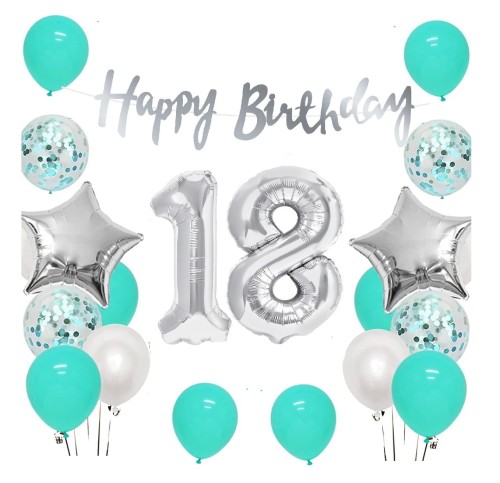 Zestaw balonów na 18 urodziny Baner Happy Birthday srebrny Cyfry