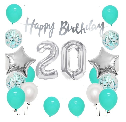 Zestaw balonów na 20 urodziny Baner Happy Birthday srebrny Cyfry
