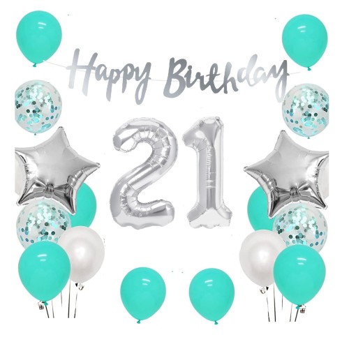 Zestaw balonów na 21 urodziny Baner Happy Birthday srebrny Cyfry