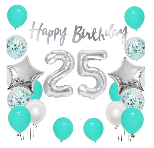 Zestaw balonów na 25 urodziny Baner Happy Birthday srebrny Cyfry