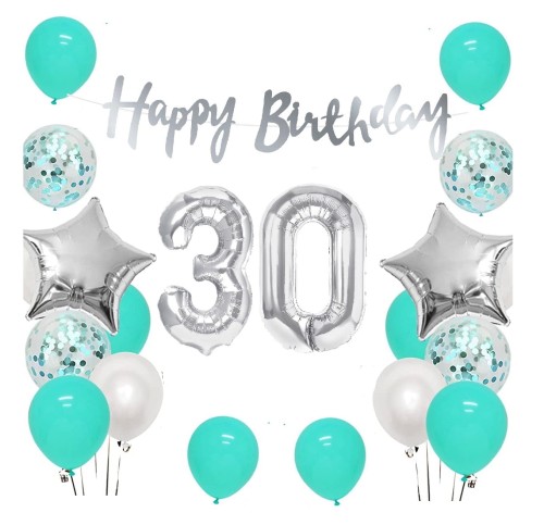 Zestaw balonów na 30 urodziny Baner Happy Birthday srebrny Cyfry