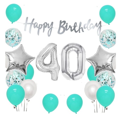 Zestaw balonów na 40 urodziny Baner Happy Birthday srebrny Cyfry