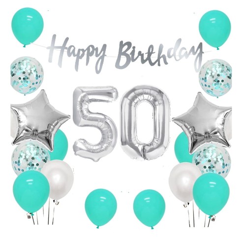 Zestaw balonów na 50 urodziny Baner Happy Birthday srebrny Cyfry