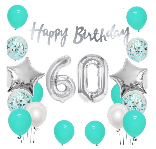 Zestaw balonów na 60 urodziny Baner Happy Birthday srebrny Cyfry