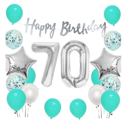 Zestaw balonów na 70 urodziny Baner Happy Birthday srebrny Cyfry