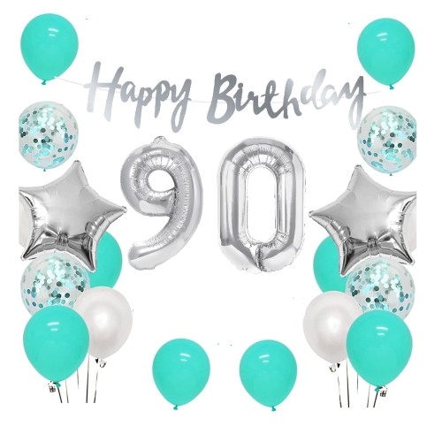 Zestaw balonów na 90 urodziny Baner Happy Birthday srebrny Cyfry