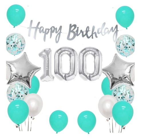 Zestaw balonów na 100 urodziny Baner Happy Birthday srebrny Cyfry