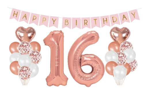 Zestaw balonów na 16 Urodziny Cyfry Rose gold baner Happy Birthday