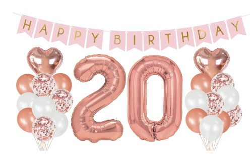 Zestaw balonów na 20 Urodziny Cyfry Rose gold baner Happy Birthday