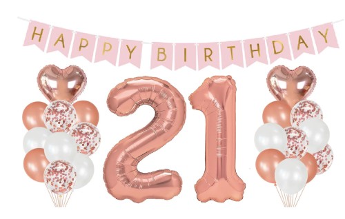 Zestaw balonów na 21 Urodziny Cyfry Rose gold baner Happy Birthday