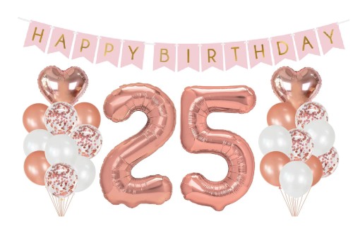 Zestaw balonów na 25 Urodziny Cyfry Rose gold baner Happy Birthday