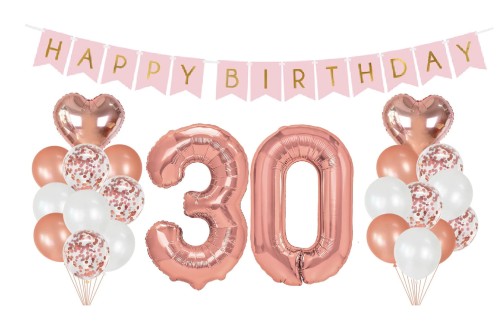 Zestaw balonów na 30 Urodziny Cyfry Rose gold baner Happy Birthday