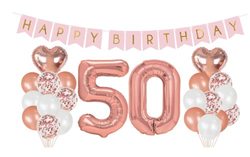 Zestaw balonów na 50 Urodziny Cyfry Rose gold baner Happy Birthday