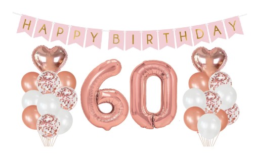 Zestaw balonów na 60 Urodziny Cyfry Rose gold baner Happy Birthday