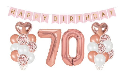 Zestaw balonów na 70 Urodziny Cyfry Rose gold baner Happy Birthday