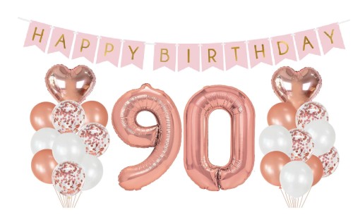 Zestaw balonów na 90 Urodziny Cyfry Rose gold baner Happy Birthday