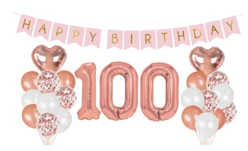 Zestaw balonów na 100 Urodziny Cyfry Rose gold baner Happy Birthday