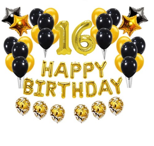 Komplet balonów z napisem Happy Birthday cyfry 16 Urodziny Balony złote