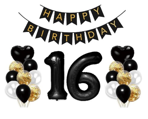 Zestaw balonów na 16 Urodziny Baner Happy Birthday Cyfry 100cm czarne