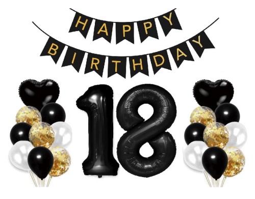 Zestaw balonów na 18 Urodziny Baner Happy Birthday Cyfry 100cm czarne