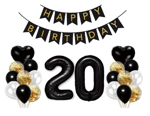 Zestaw balonów na 20 Urodziny Baner Happy Birthday Cyfry 100cm czarne